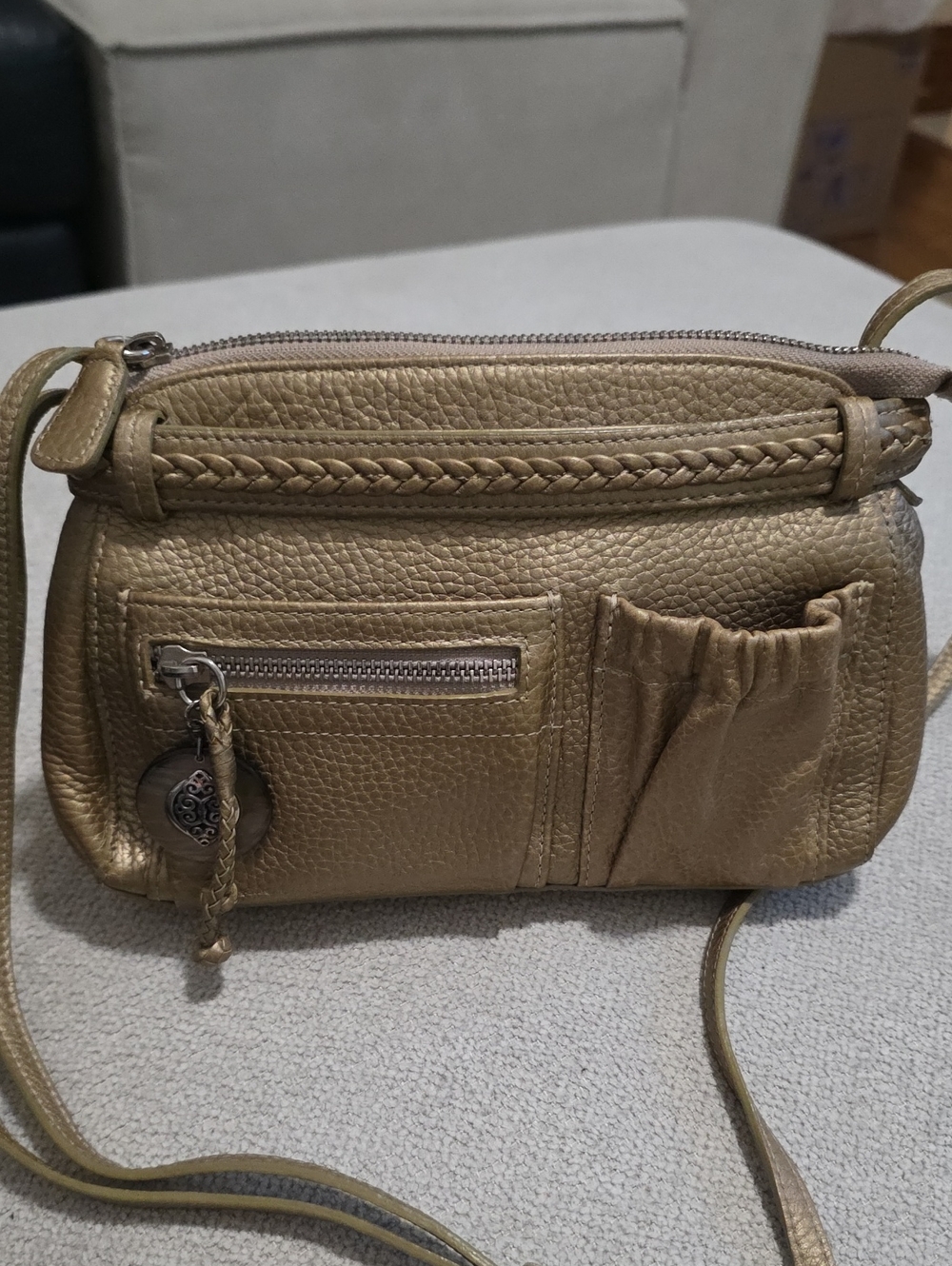Gold Leather Crossbody Bag with Front Pocket